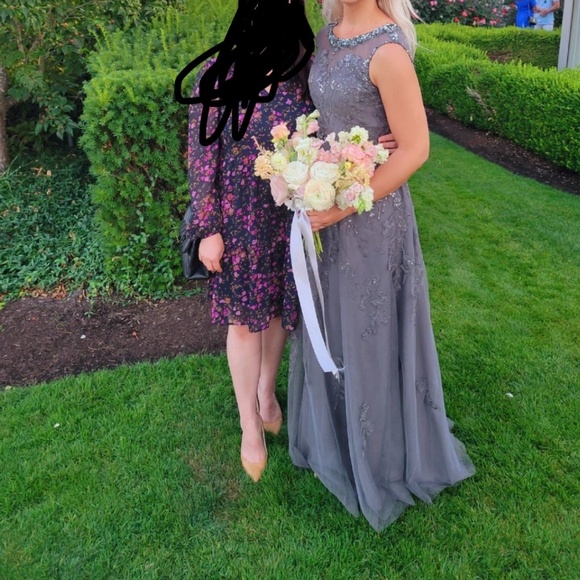 A Line Scoop Illusion Floor Length Lace Tulle Evening Dress with Beading Sequins - Picture 4 of 6